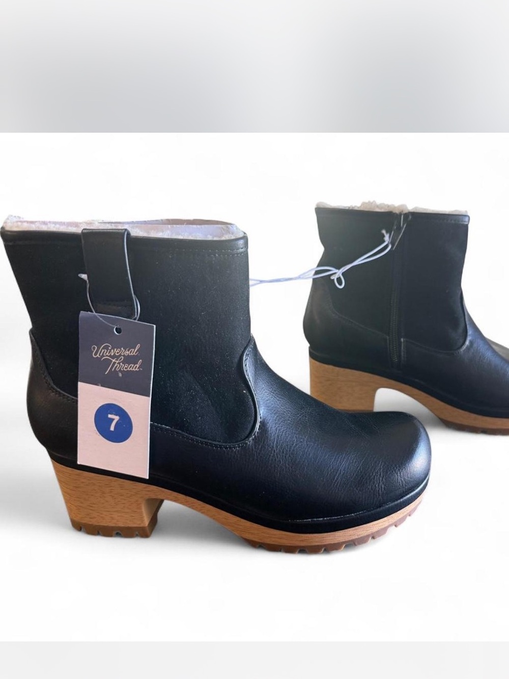 Universal Thread Black Leather Clog-Ankle Boot with faux fur lining